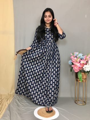 Navy Blue - Daisy Flower - Maternity Kurti with Feeding Zips - Cambric Cotton-44 - 46 ( XXL - 3XL )