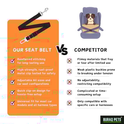 Buraq Heavy Duty Dog Seat Belt, Retractable Dog Car Harness, Nylon & Strong Hook, Adjustable Pet Safety Seat Belts for Vehicle