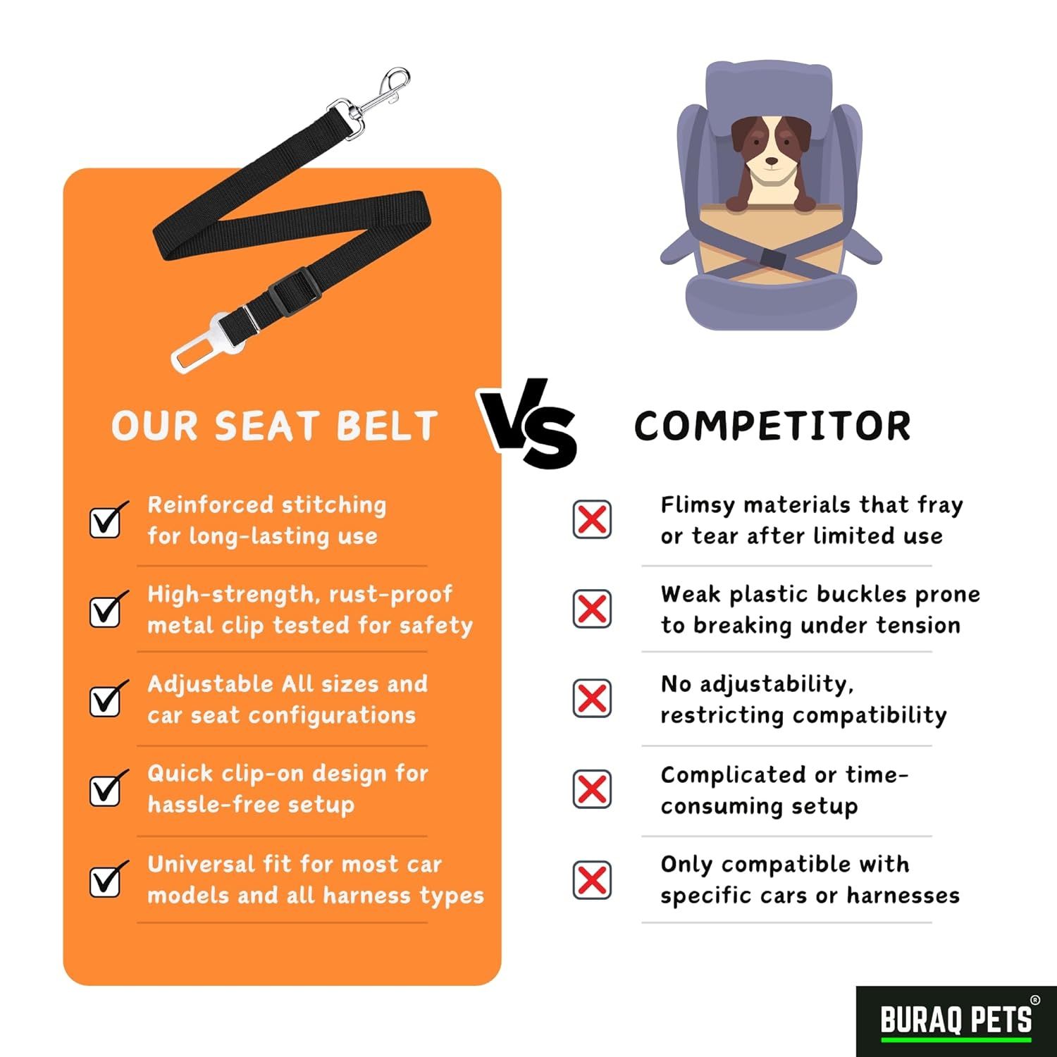 Buraq Heavy Duty Dog Seat Belt, Retractable Dog Car Harness, Nylon & Strong Hook, Adjustable Pet Safety Seat Belts for Vehicle