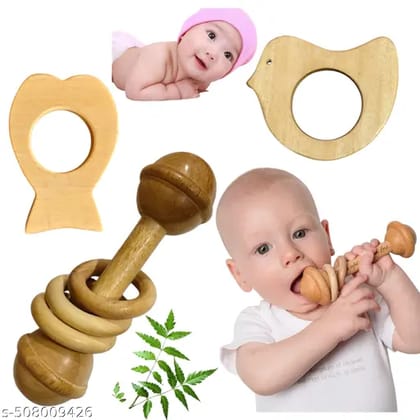 Organic Neem Wood Sensory Toy Rattle for Early Development Natural Neem Wood Teether cum Rattles