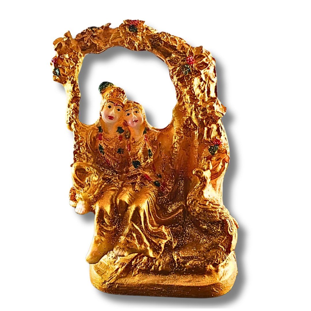 Golden Radha Krishna on Jhula Idol – 18 x 10 cm Handcrafted Divine Swing Murti for Love, Harmony &amp; Spiritual Décor | Saadhya Decors