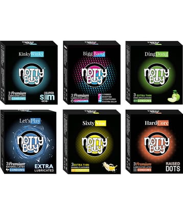 NottyBoy Super Saver Combo Pack Banana Flavour, Ultra Thin, 4-IN-1, Big Dots, Ribbed, Long Time, Contoured, Extra Lubricated Smooth Condoms- 18 Units