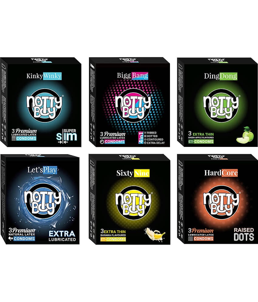 NottyBoy Super Saver Combo Pack Banana Flavour, Ultra Thin, 4-IN-1, Big Dots, Ribbed, Long Time, Contoured, Extra Lubricated Smooth Condoms- 18 Units