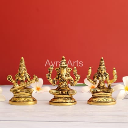 Brass Lakshmi Saraswati Ganesha Set - 3.5 inch Height Brass Lakshmi Saraswati Ganesha Set - 3.5 inch Height
