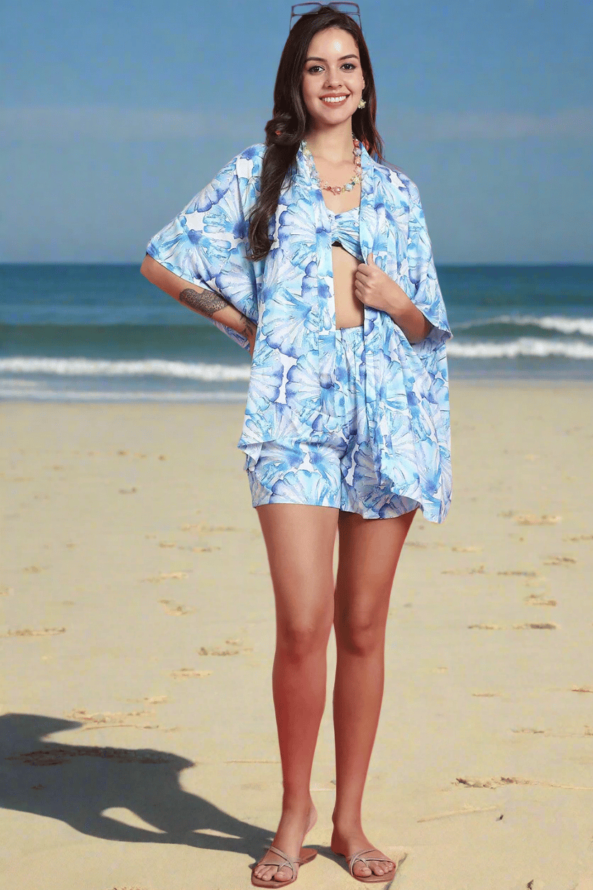 Sky Blue Color Floral Printed Viscose Rayon 3 pcs Coverup Set With Robe Beachwear For Woman-S