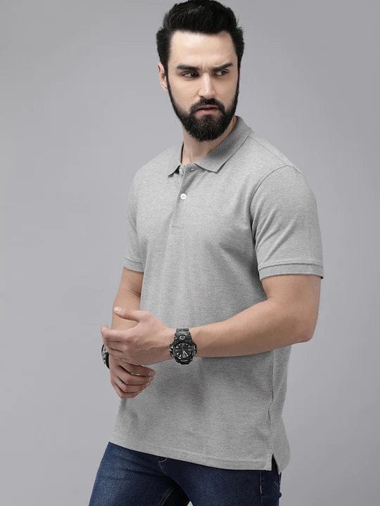 Grey melange Solid Polo Unisex T-shirt-S-38