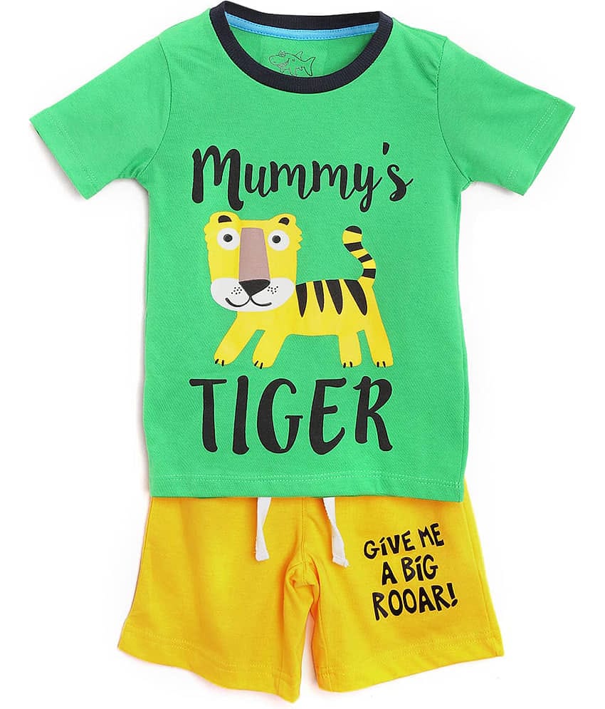 Lazy Shark Pack of 1 Boys Cotton Blend T-Shirt & Shorts Set ( Green )