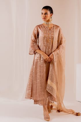 Firduas Striped Kurta Set with Organza Dupatta-S
