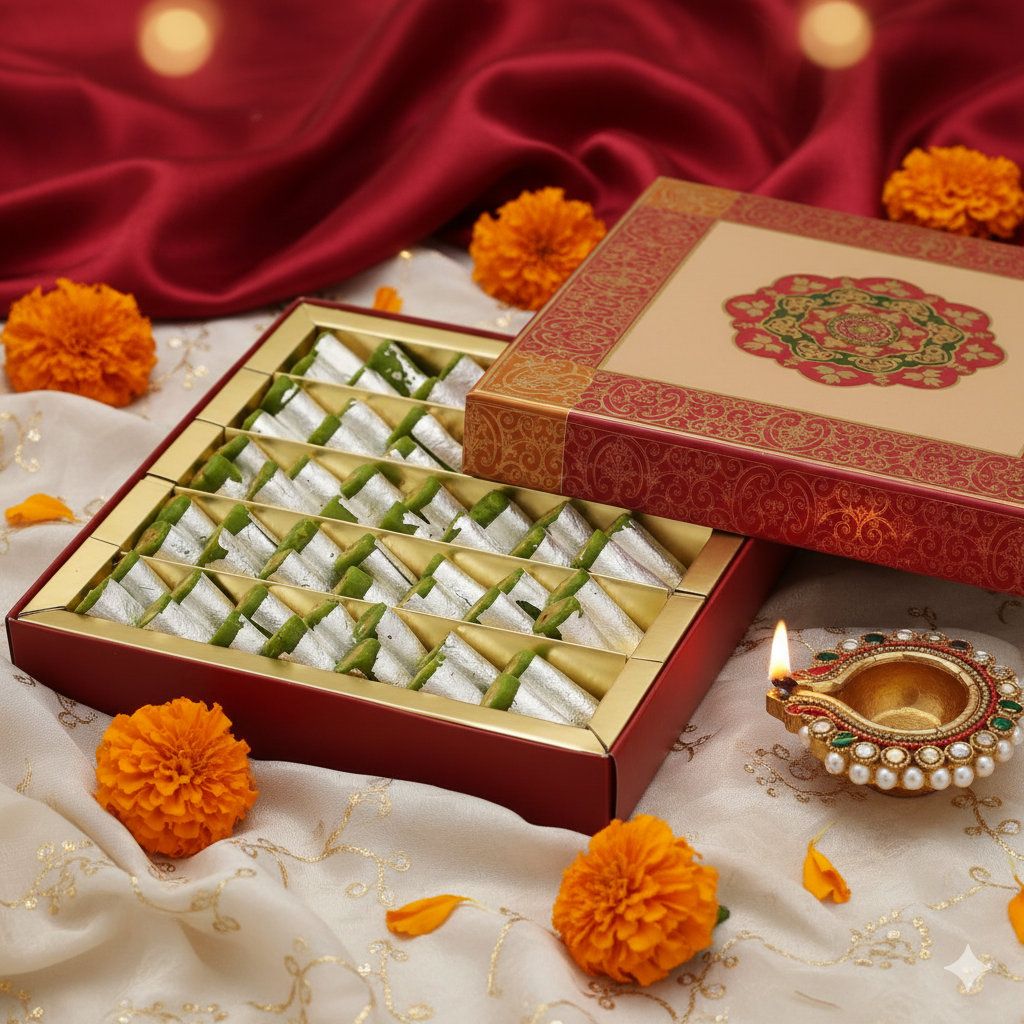 Ghasitaram's Diwali Gift Hamper with Kaju Pista Roll 400gm With Card + Puja Thali