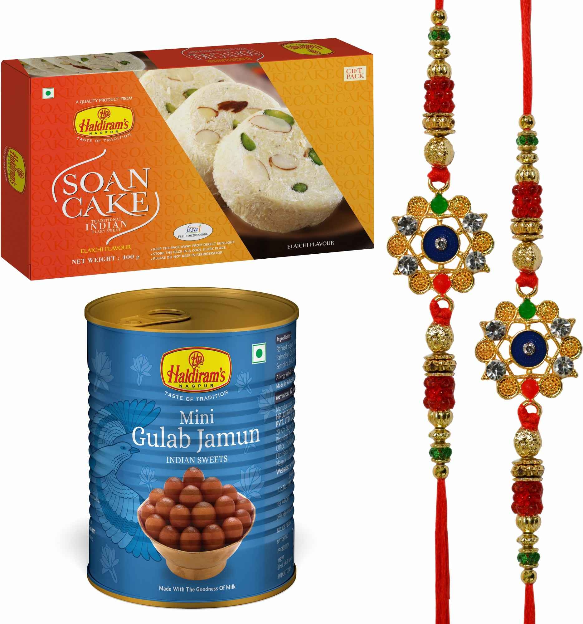 Haldiram's Nagpur Soan Cake(400g)Mini Gulab Jamun 500g With 2 Rakhi Assorted Gift Box (Multicolor)