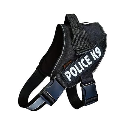 BlingPets Police K9 No Pull Reflective and Adjustable Comfortable Harness with Rope for Dogs (Black, Medium)