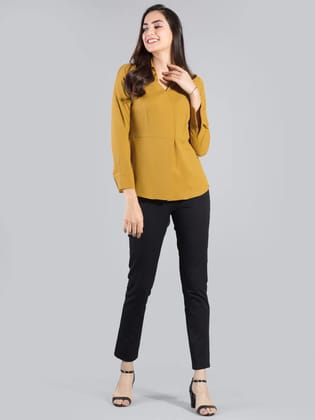 Fabel street Collared V Neck Full Sleeve Top - Mustard