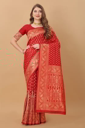 Yavira silk Women's Red Handwoven Silk Blend Saree