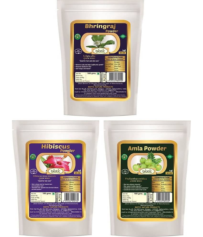 Biotic Natural Bhringraj, Hibiscus & Amla Powder (100 gms Each) Hair Mask 300 g Pack of 3