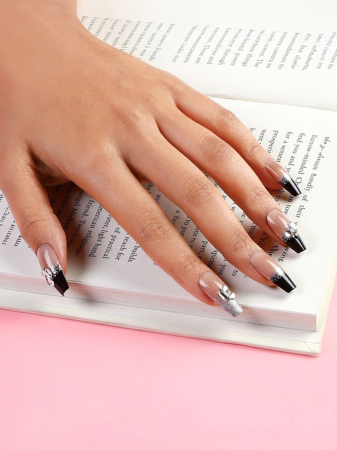 The Ombre-Glitz Press-On Nails - Raven Black:Crystal Silver-Nails