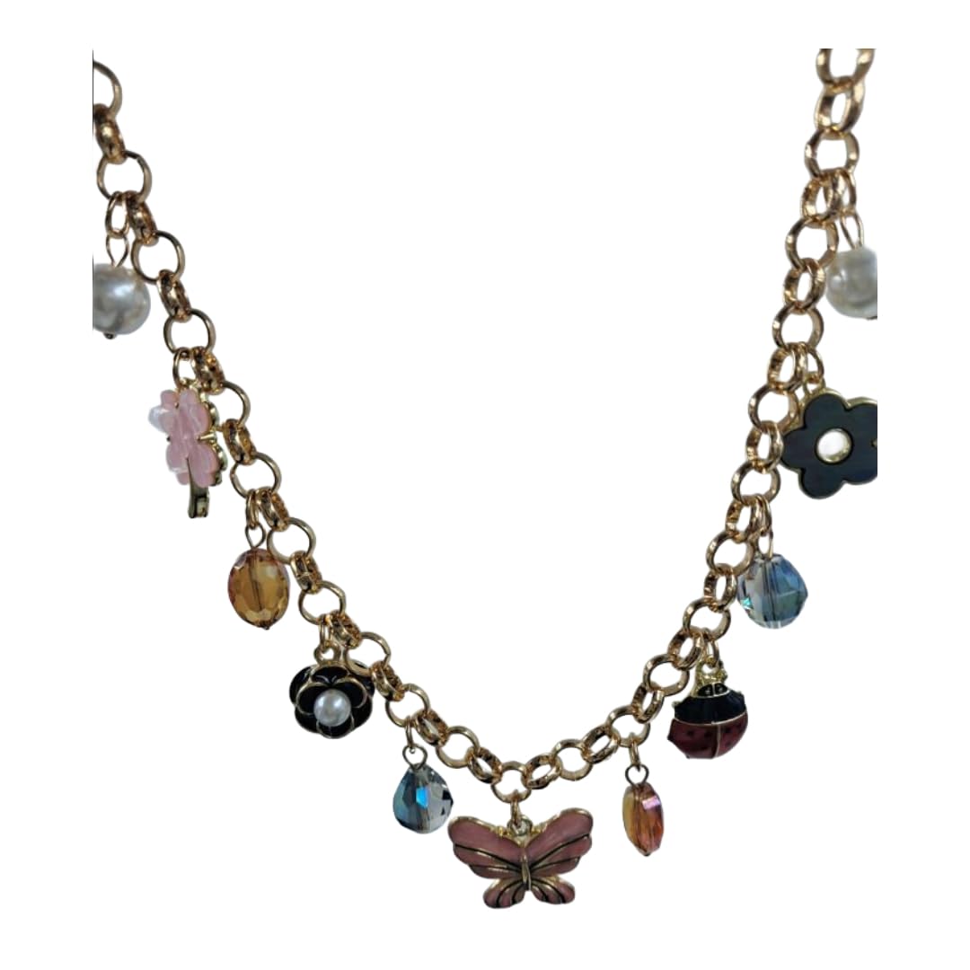 Charm Necklace with Butterfly, Flowers, and Pearl Beads, Gold-Toned Chain