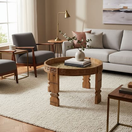 Wood Carved Punched Round Side-Coffee Table