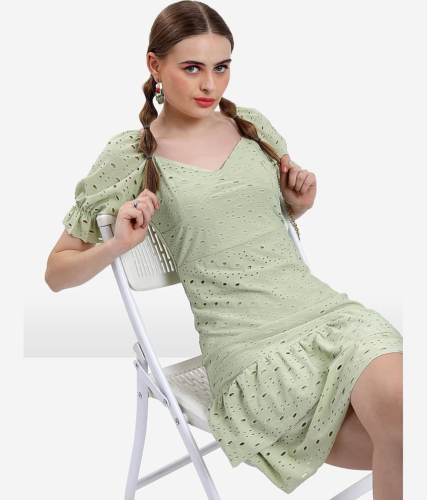 Ketch Women Polyester Blend Self Design A-line Dress ( Green )