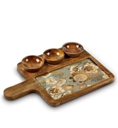 Wooden Serving Platter Mango Wood Platter Tray Printed Serving Platter with Handle Appetizer Plate Snacks Serving Platter with 3 Bowls, 37x24 cm Wooden Serving Platter Mango Wood Platter Tray Printed Serving Platter with Handle Appetizer Plate Snacks Serving Platter with 3 Bowls, 37x24 cm