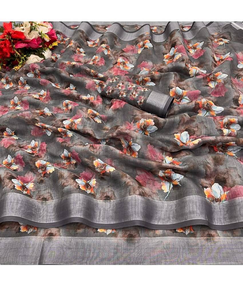 Gullak Linen Printed Saree With Unstitched Blouse Piece ( Grey )