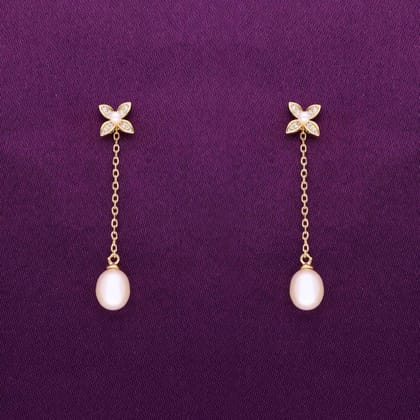 Sterling Silver Floral Pearl Drop Earrings-Pearl / Gold