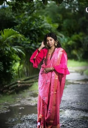 Coral Reddish Pink Linen Saree with Goddess Durga Embroidery