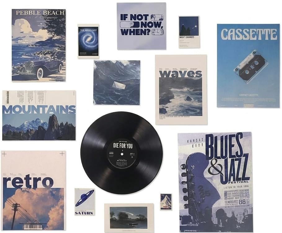 13 Piece Blue Aesthetic Poster Set | 300 GSM Multi-Sized Wall Posters with Adhesive Tape | Retro Music, Ocean &