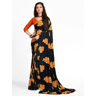 SVB Sarees Womens Black Colour Floral Georgette Printed Saree With Blouse