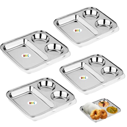 Nsvl Stainless Steel Partition Plate, Mendu Vada Plate,Bhojan Thali, Snacks Plate, Dinner Plate-PACK OF 4