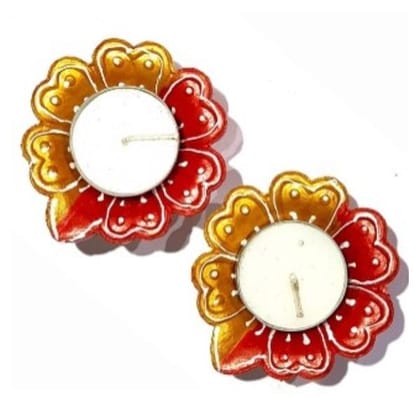 Earthen Designer Diya With Tealight Candles Set Of 2