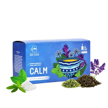 Oh Cha Calm, Green Tea Bags | Stress Relieving Tea with Lavender, Peppermint, Sweet Fennel, Stevia | 100% Natural Ingredients, Green Tea for Weight Loss | Boosts Nervous System, 40 gm - 20 Bags
