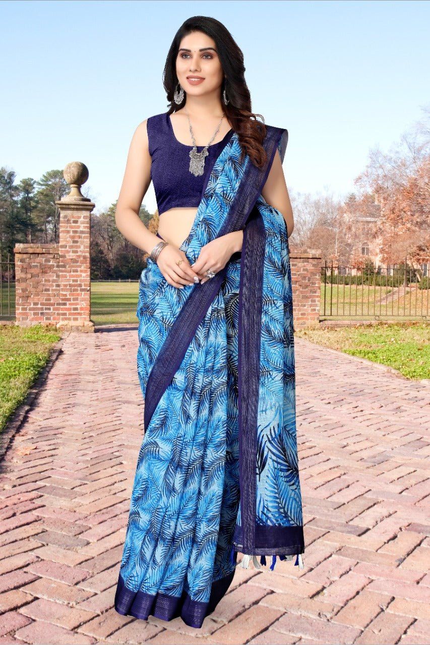 TheHangr Beautiful Blue Colour Feather Print Saree With Dark Blue Border And Running Pallu