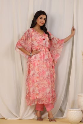 Bohemian Medley Spring Garden Chiffon Kaftan and Pant Set - Set Of Three-M / Baby Pink / Pink