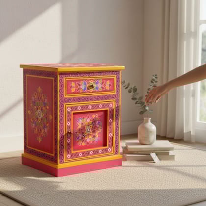 Handicraft Painted Bedside Table, Bedroom Decors Wooden Lamp-Table, Home Living Drawer-Cupboard