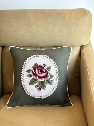 KRI India Bloom Vintage Rose Cushion Cover|16x16 inches | Green and ivory | Wash & Care | 100% Cotton | Handcrafted in India. 100% organic & natural.