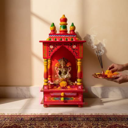 Red-Yellow Hand-Painted Mandir in Living Room | Devi-Devta Temple