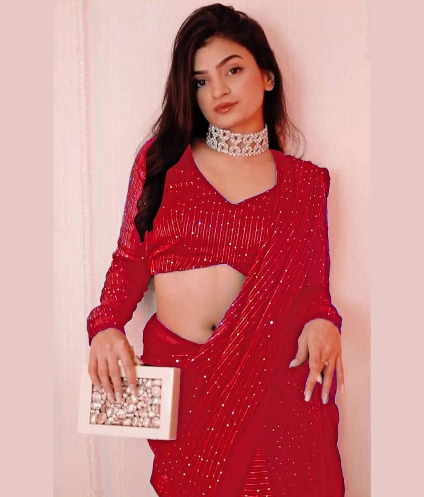 Aika Georgette Embroidered Regular Saree With Unstitched Blouse Piece ( Red )