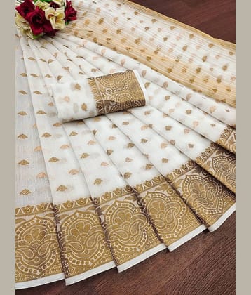 IndShopMart Cotton Silk Self Design Saree With Unstitched Blouse Piece ( White )
