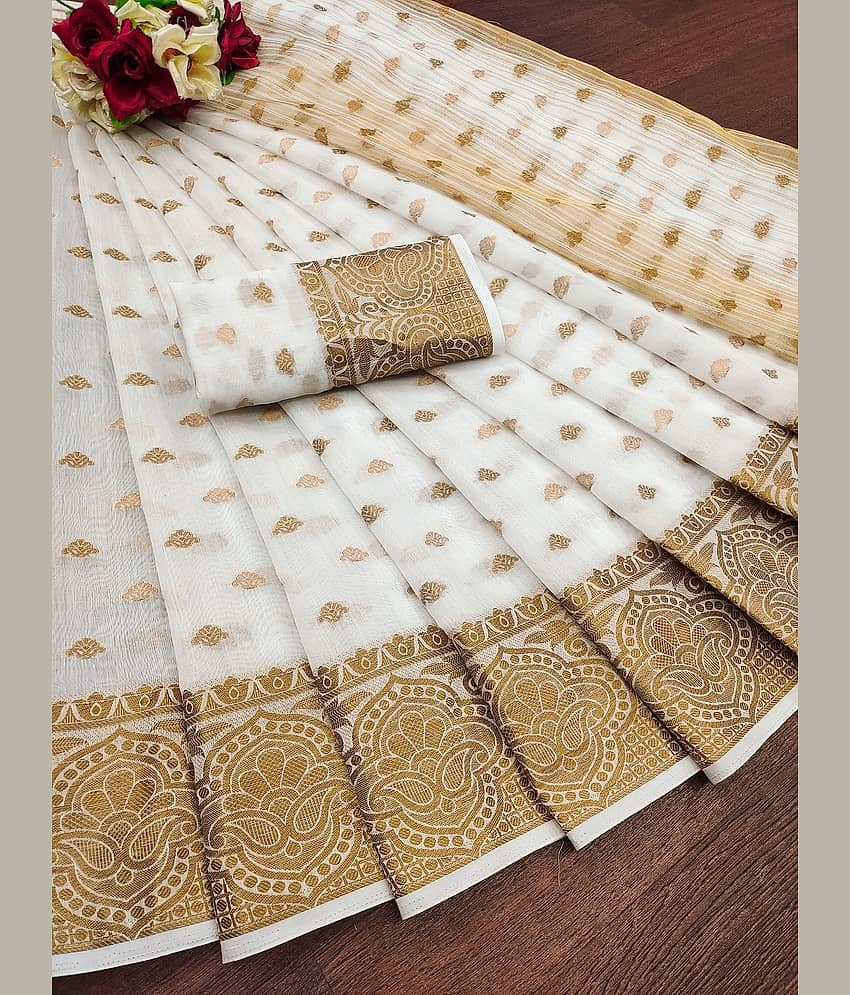 IndShopMart Cotton Silk Self Design Saree With Unstitched Blouse Piece ( White )