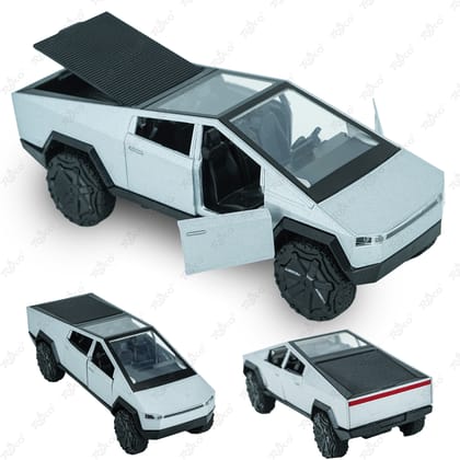 TOYCO Tesla Cybertruck Die-Cast Toy Car  1:36 Scale Metal Model with Pull-Back Action, Lights & Sound, Openable Doors  Premium Tesla Toy for Boys Girls & Collectors  Grey