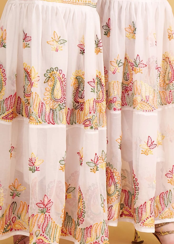 Hand Embroidered Georgette Multi Colored Chkankari Flared Sarara