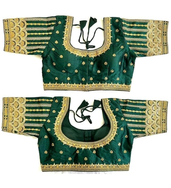 Women's Phantom Silk Embroidery Round Neck Short Sleeve Readymade Blouse (Dark Green, Free Size)-PID57756