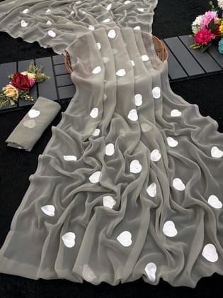 Shiv Textiles Women's Georgette Saree in Grey Color with Romantic Heart Shape Embroidery Work Party Wear Ethnic Drape Includes Unstitched Blouse Piece Soft Synthetic Fabric Traditional Indian Fashion