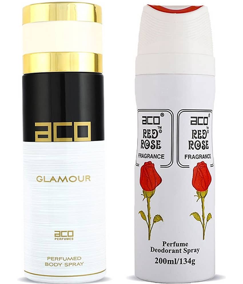 Aco Set of 2 Deodorant Body Spray, Glamour & Red Rose For Women, 200ml Each