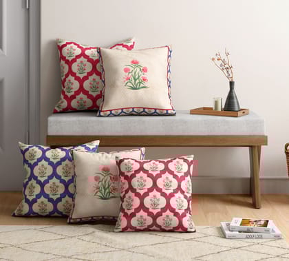 India Circus Poppy Window - Blended Velvet Cushion Cover Set Of 5 - 12 X 12 Inch