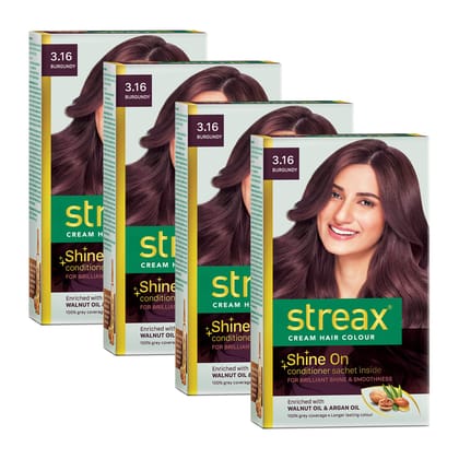 Streax Cream Hair Color for Unisex, 120ml - 3.16 Burgundy (Pack of 4) Streax Cream Hair Color for Unisex, 120ml - 3.16 Burgundy (Pack of 4) - Burgundy / 1 count (Pack of 4)