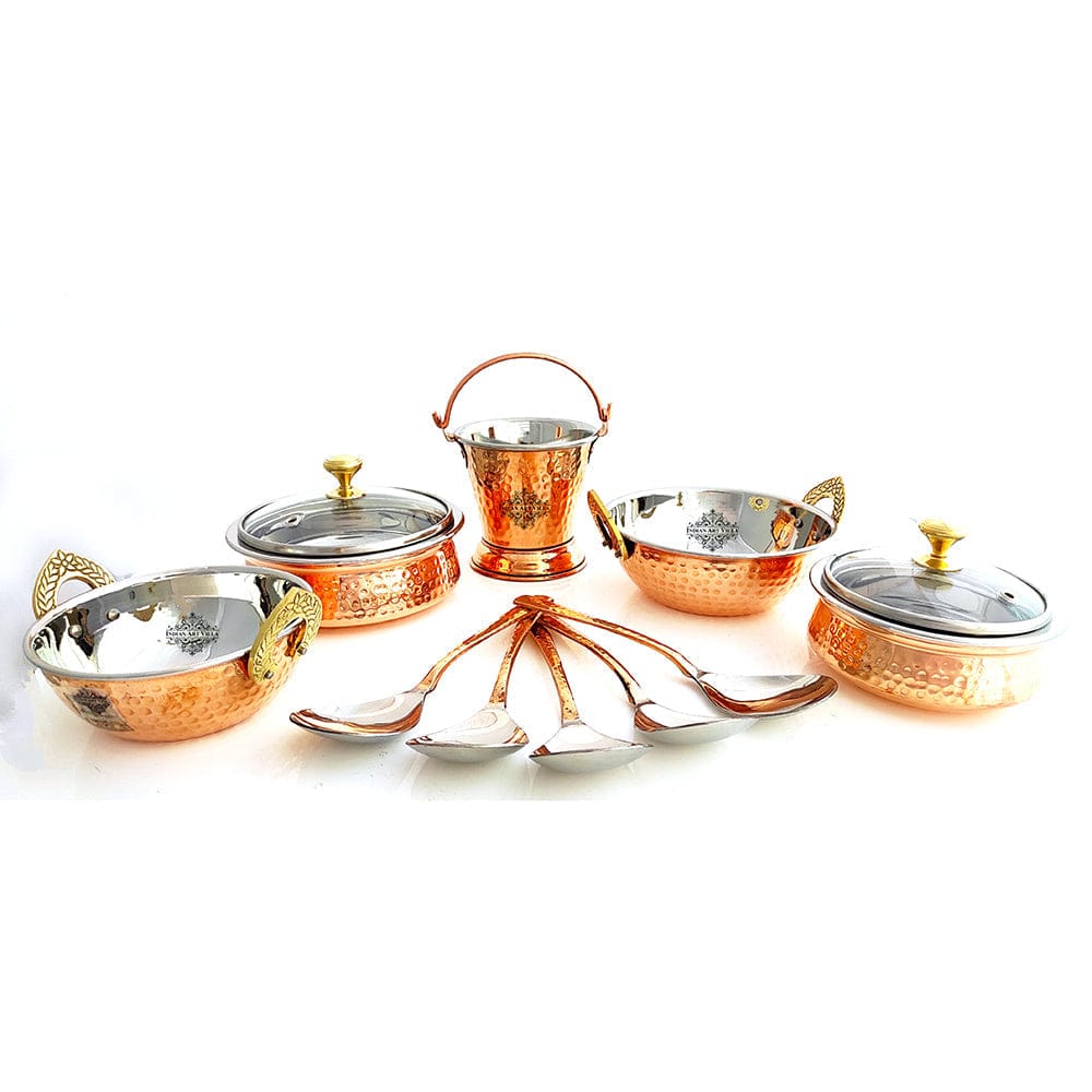 Set of S/C D/W Hammered,Handi No.1,2 with Glass Lid,Kadhai No.1,2Bucket No.1,Serving Spoon x5,12 Pieces