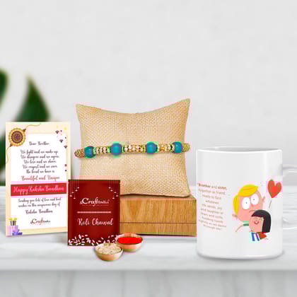 Designer Pearl Rakhi with Mug for Brother and Roli Chawal Pack, Best Wishes Greeting Card