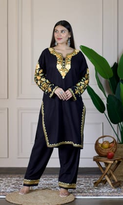 Black Kashmiri Aari Woollen Co-ord Set - Golden Dawn-XXL