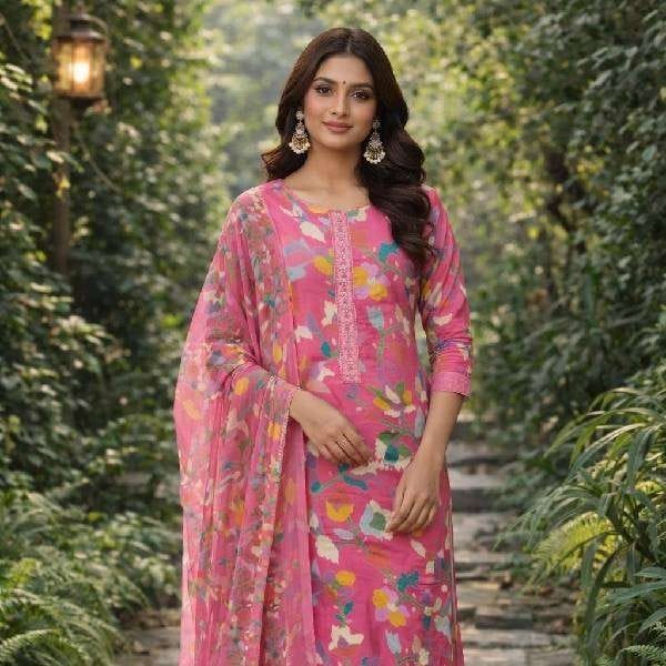 Unstitched Cotton Pink Festive Suit Lightweight